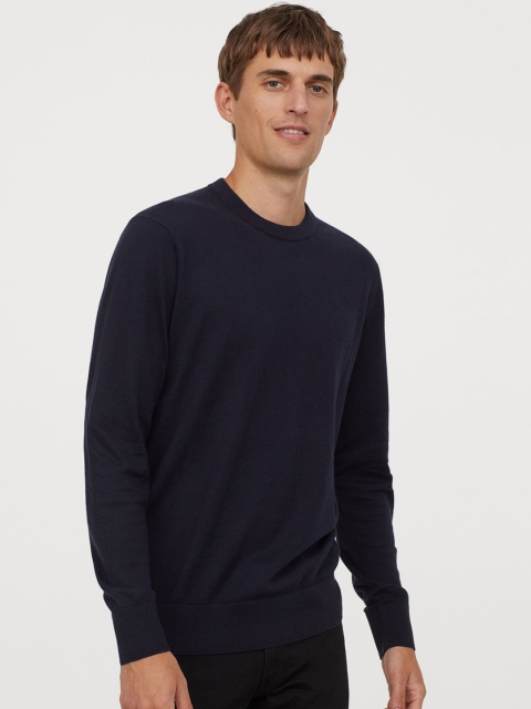 

H&M Men Navy Blue Solid Cashmere-Blend Jumper