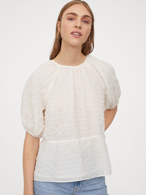 

H&M Women White Self Design Puff-sleeved Top