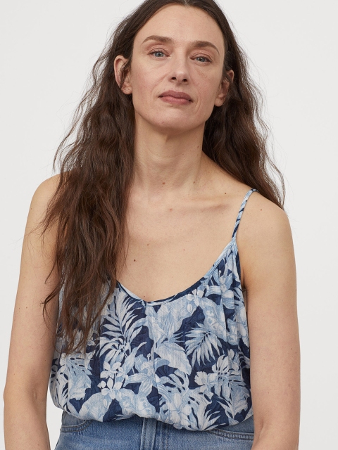 

H&M Women Blue & White Printed Crinkled Strappy Top