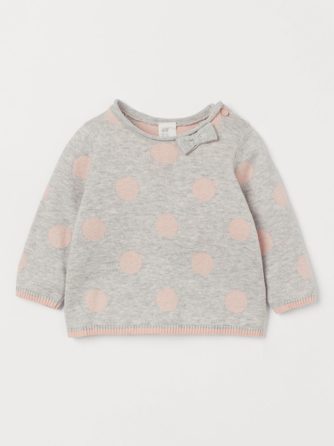 

H&M Girls Grey Melange & Nude Polka Dots Print Jacquard-Knit Jumper