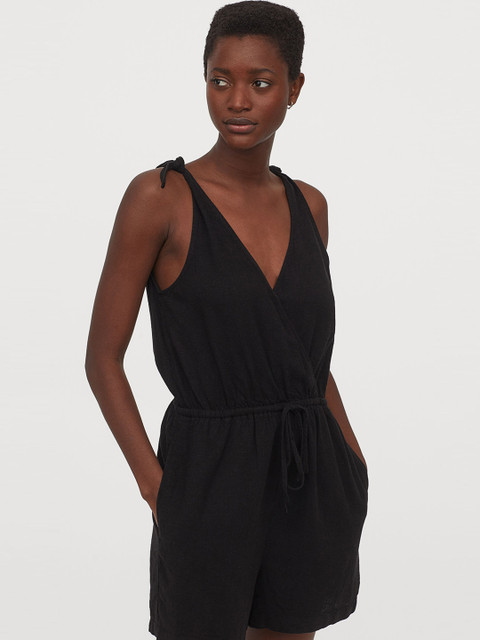 

H&M Women Black Solid Linen-Blend Playsuit