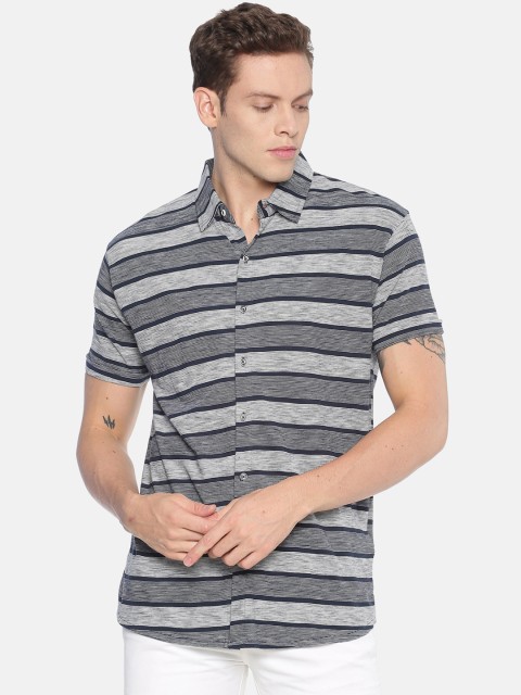 

T-Tog Men Grey & Blue Slim Fit Striped Casual Shirt
