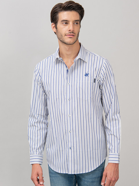 

Beverly Hills Polo Club Men White & Blue Regular Fit Striped Casual Shirt