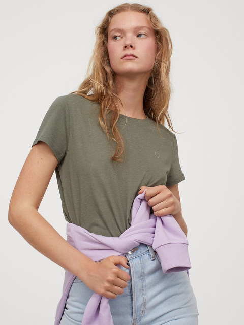 

H&M Women Olive Green Solid Jersey T-shirt