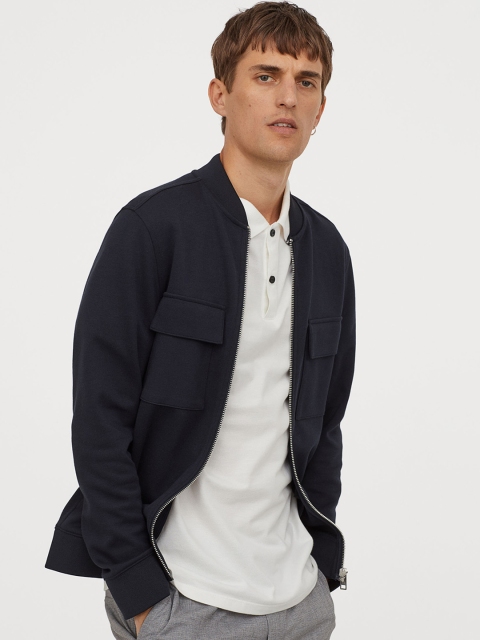 

H&M Men BlUE Solid Jersey Bomber Jacket