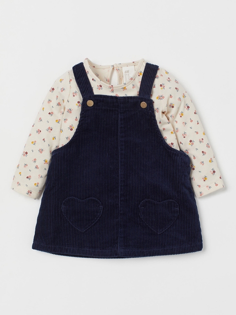 H&M Girls Navy Blue & Cream 2-Piece Pinafore Dress