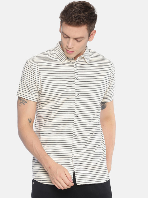 

T-Tog Men Cream-Coloured & Black Slim Fit Striped Casual Shirt