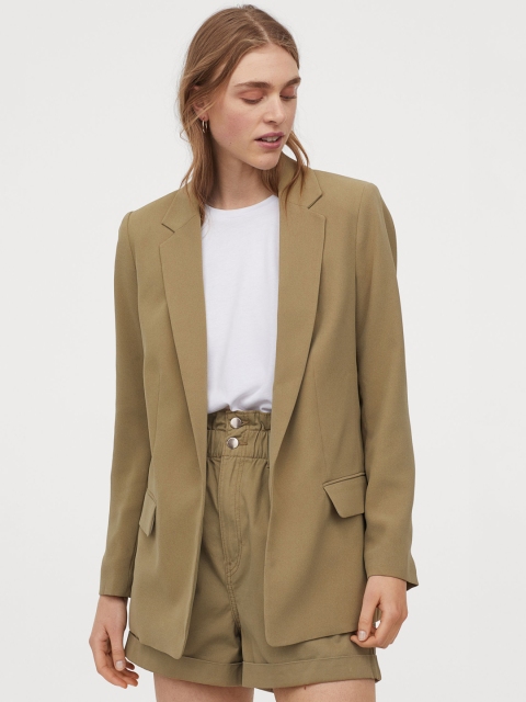 

H&M Women Khaki Green Solid Long Jacket