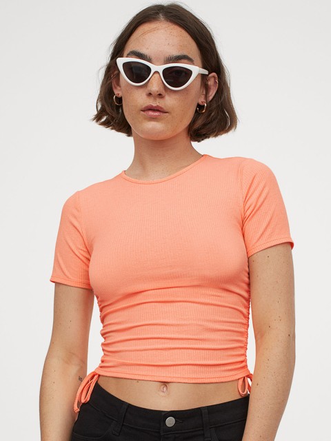 

H&M Women Orange Solid Ribbed Top