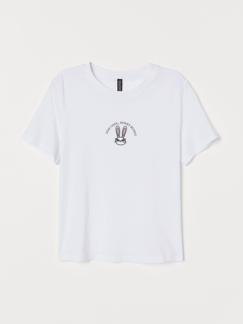 

HM Women White Printed Pure Cotton T-shirt