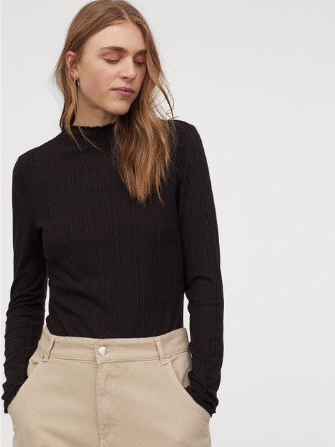 

H&M Women Black Solid Ribbed Top