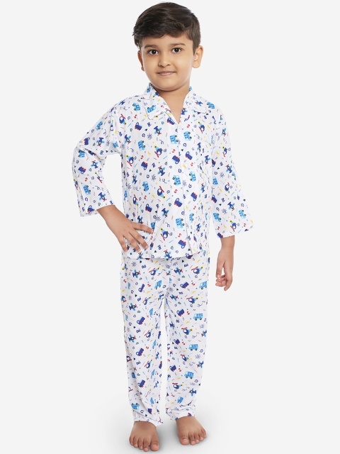 

KID1 Boys White & Blue Printed Night suit