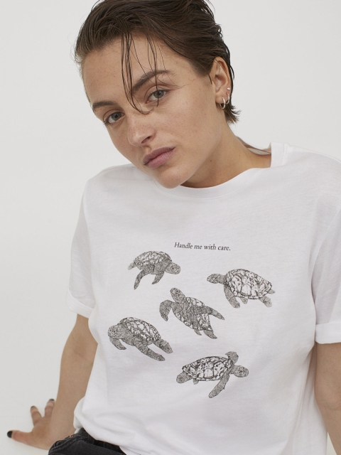

H&M Women White & Grey Printed Cotton T-shirt