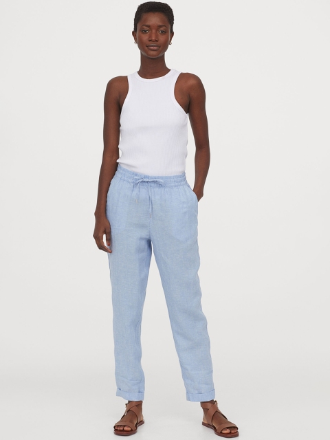 

H&M Women Blue Solid Linen Joggers
