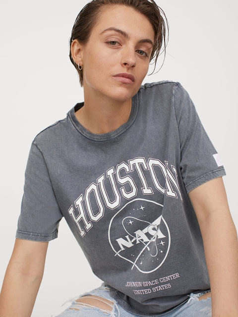 H&M Women Blue Printed T-shirt, Grey