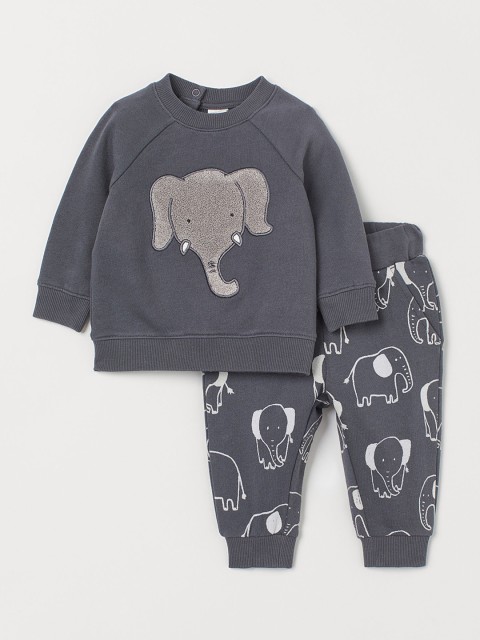 

H&M Unisex Kids Grey & Off-White Solid T-shirt with Pyjamas