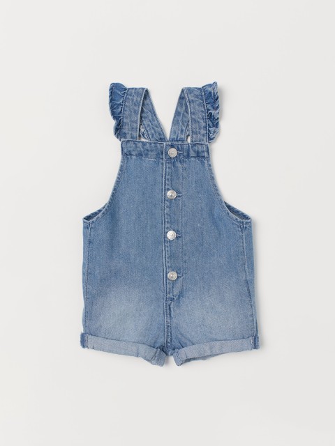 

H&M Girls Washed Denim Frill-Trimmed Dungarees, Blue