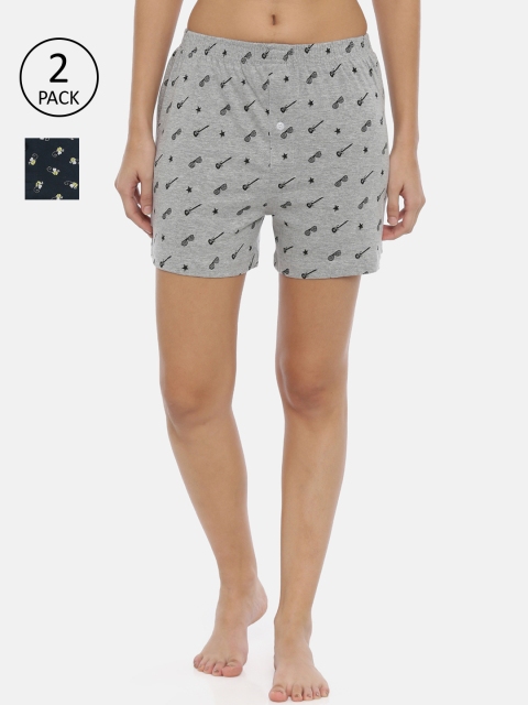 

Curare Women Pack Of 2 Green & Grey Printed Lounge Shorts