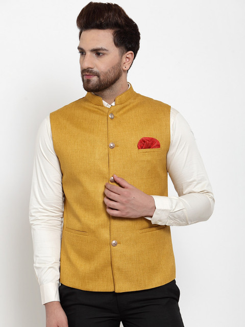 

MAXENCE Men's golden yellow nehru jacket with pocket square