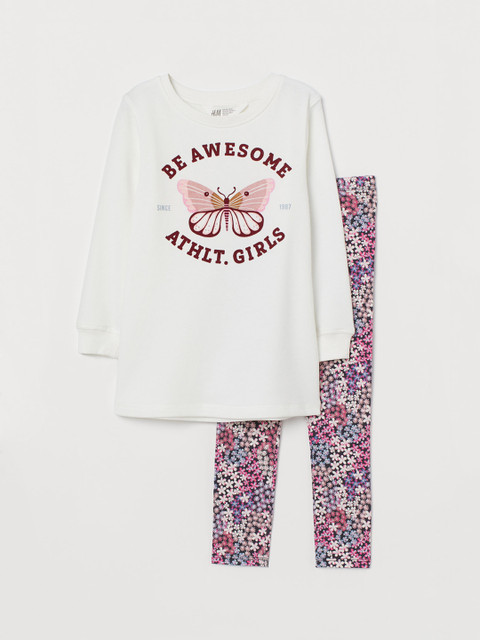 

H&M Girls White & Magenta 2-Piece Printed Cotton Clothing Set