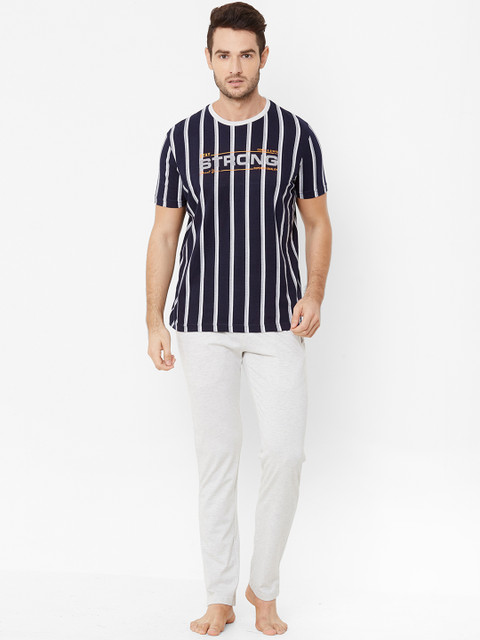 

Sweet Dreams Men Navy Blue & Grey Melange Pure Cotton Striped Night Suit