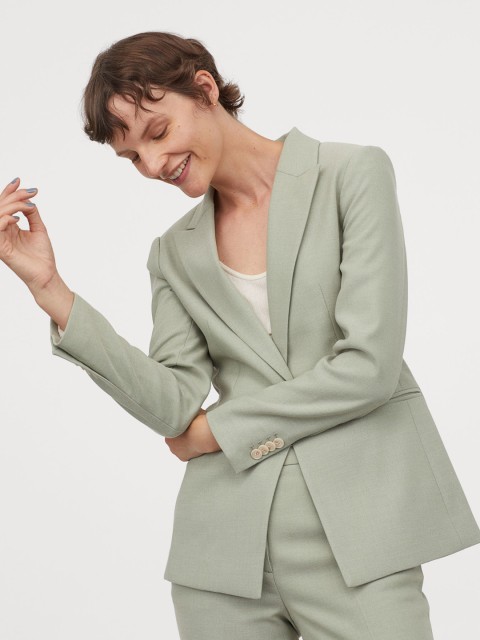 

H&M Women Mint Green Solid Single-Breasted Blazer