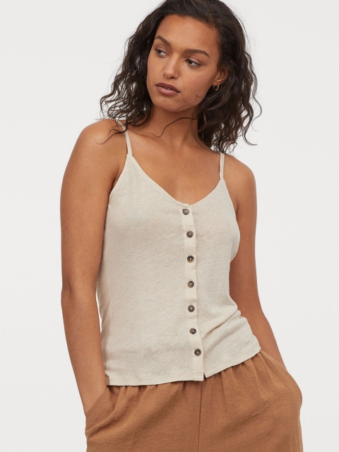 

H&M Women Beige Linen-Blend Strappy Top