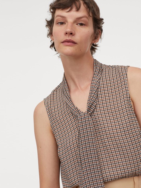 

H&M Women Beige Checked Tie-Detail Top
