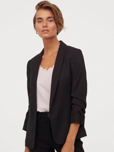 

H&M Women Black Solid Shawl Open Front Jacket