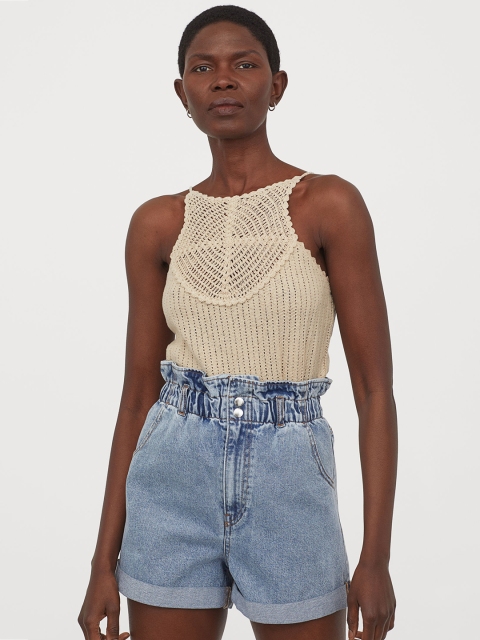 

H&M Women Beige Self Design Crocheted Top