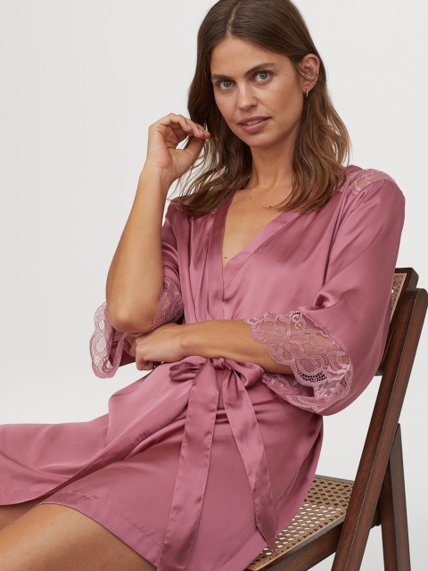 

H&M Women Mauve Solid Satin & Lace Kimono Robe