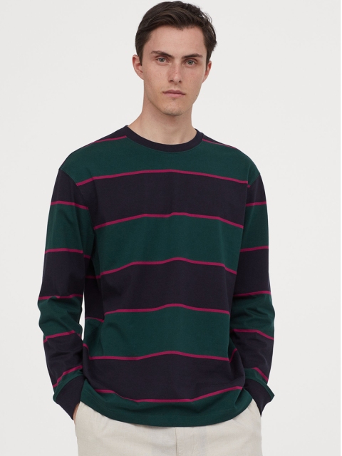 

H&M Men Green & Navy Blue Striped Long-Sleeved Jersey Top