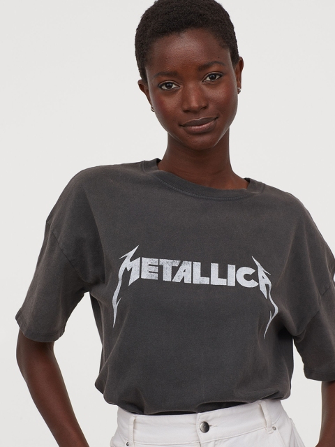 

H&M Women Grey Round Neck Oversized Printed T-Shirt