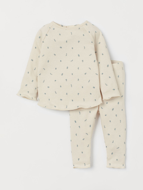 

H&M Unisex Kids Beige & Green Printed Top and Trousers