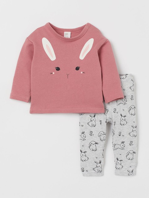 

H&M Girls Pink & Grey Solid T-shirt with Pyjamas