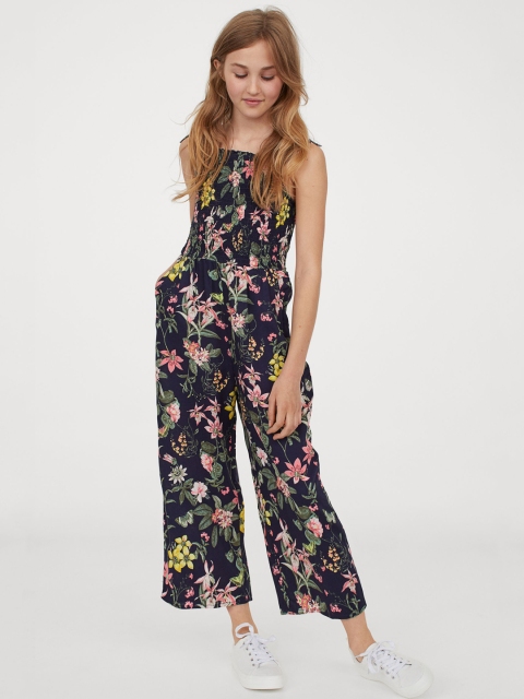 

H&M Girls Navy Blue & Yellow Floral Printed Smocked Jumpsuit