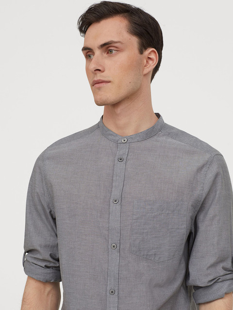 

H&M Men Grey Solid Grandad Shirt Regular Fit