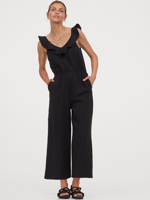 

H&M Women Black Solid Flounce-Trimmed jumpsuit