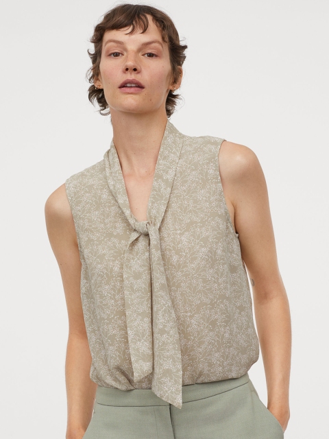 

H&M Women Green & White Micro Floral Print Tie-Detail Top