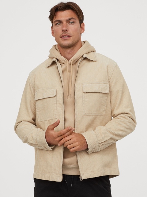 

H&M Men Beige Solid Corduroy Shacket