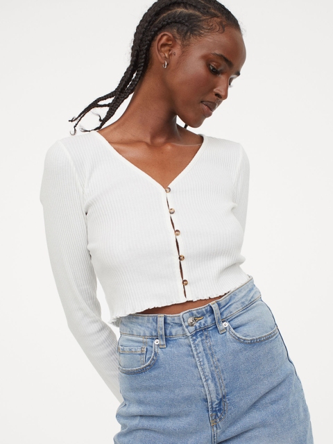 

H&M Women White Ribbed Jersey Cardigan