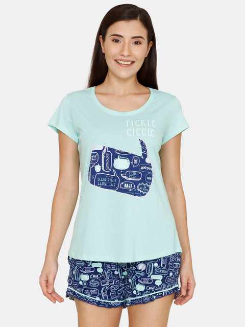 

Zivame Women Blue Printed Night suit