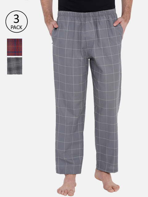 

XYXX Men Pack of 3 Checked Super Combed Cotton Lounge Pants, Grey