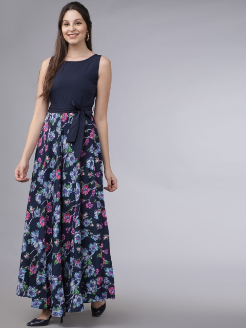 

Mumbai Slang Chic Women Navy Blue Floral Printed Maxi Dress