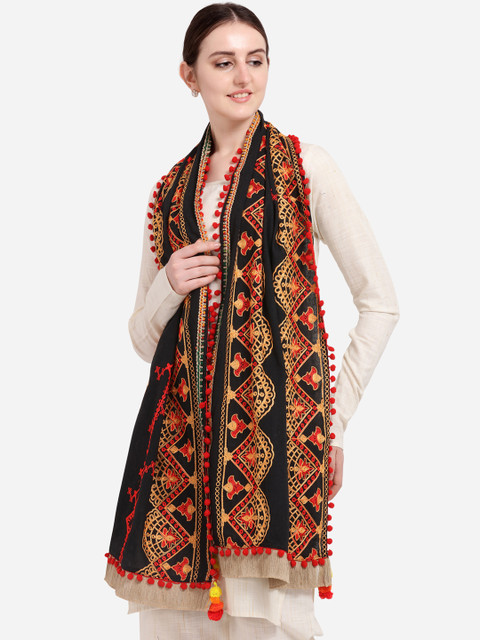 

Mesmora Women Black & Yellow Embroidered Cotton Dupatta