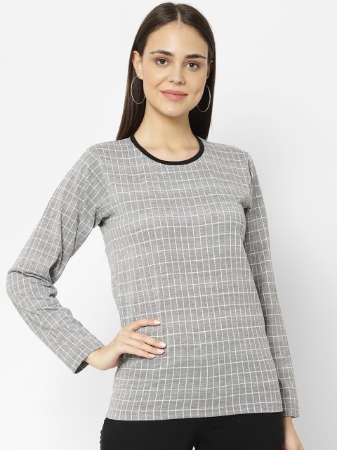 

VIMAL JONNEY Women Grey Checked Round Neck T-shirt
