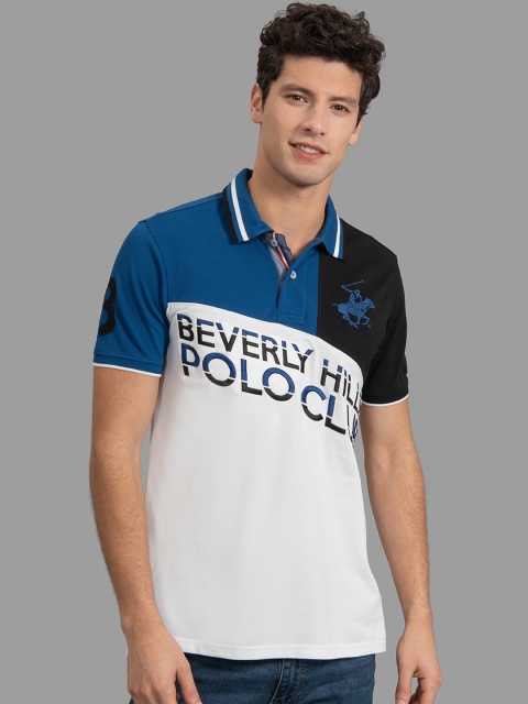 

Beverly Hills Polo Club Men White & Blue Colourblocked Polo Collar T-shirt