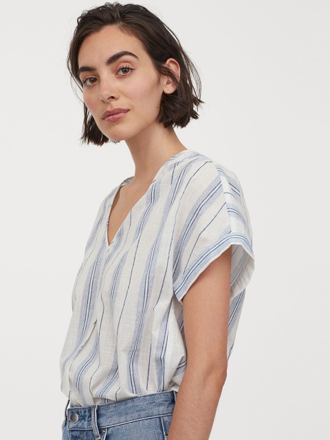 

H&M Women White & Blue V Neck Cotton Blouse