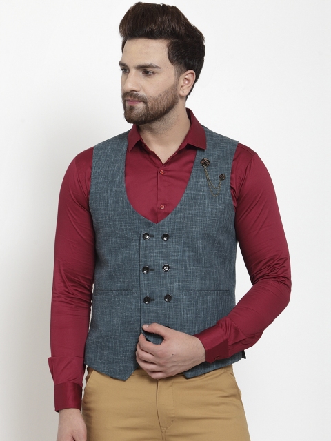 

MAXENCE Men Coral Green Woven Design Double Breasted Waistcoat