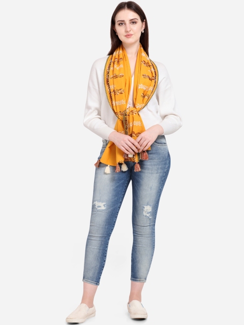 

Mesmora Women Yellow & White Embroidered Stole